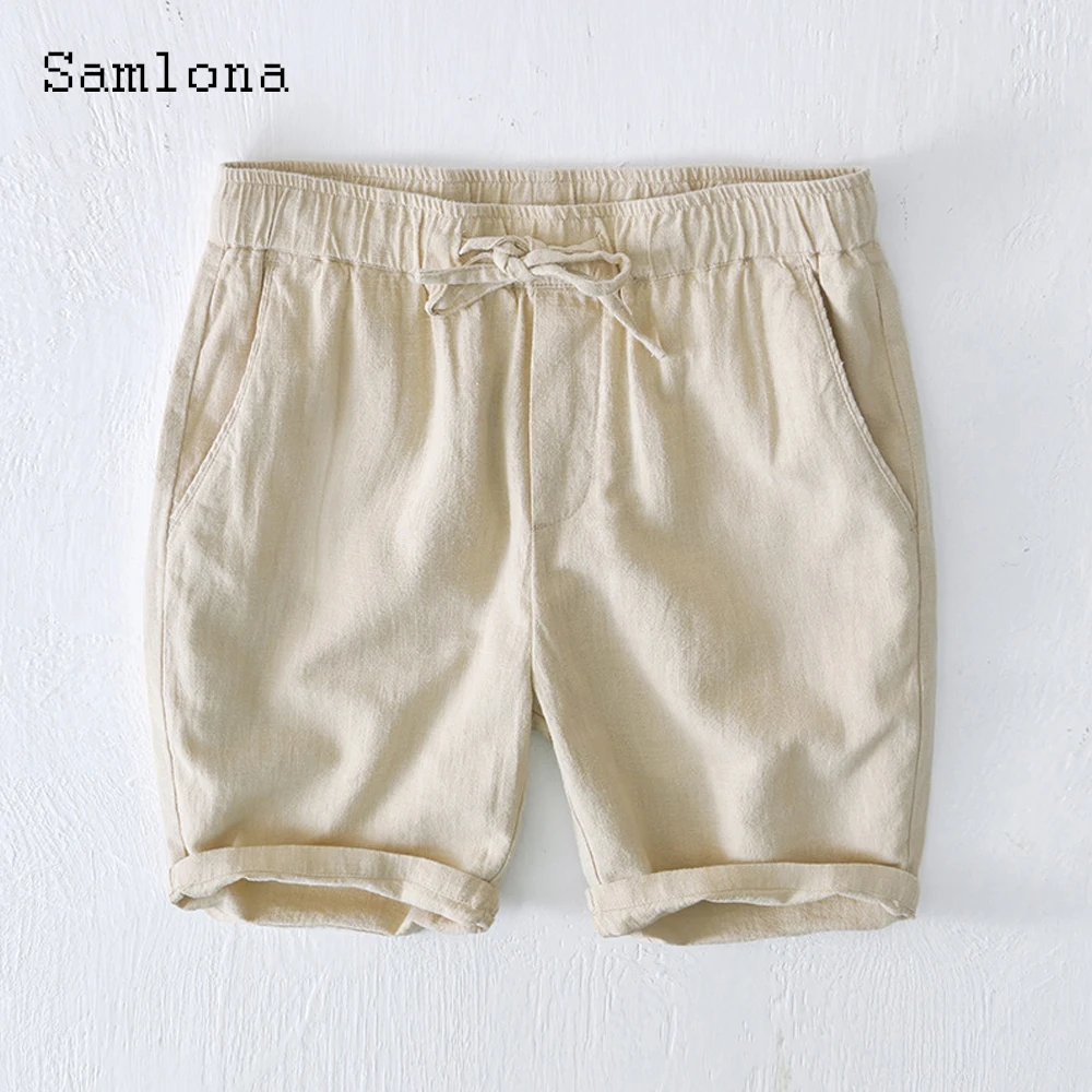 Samlona Men Fashion Linen Shorts 2022 Summer New Sexy Lace-up Skinny Shorts Plus size 4xl Male Casual Beach Short Pants Green