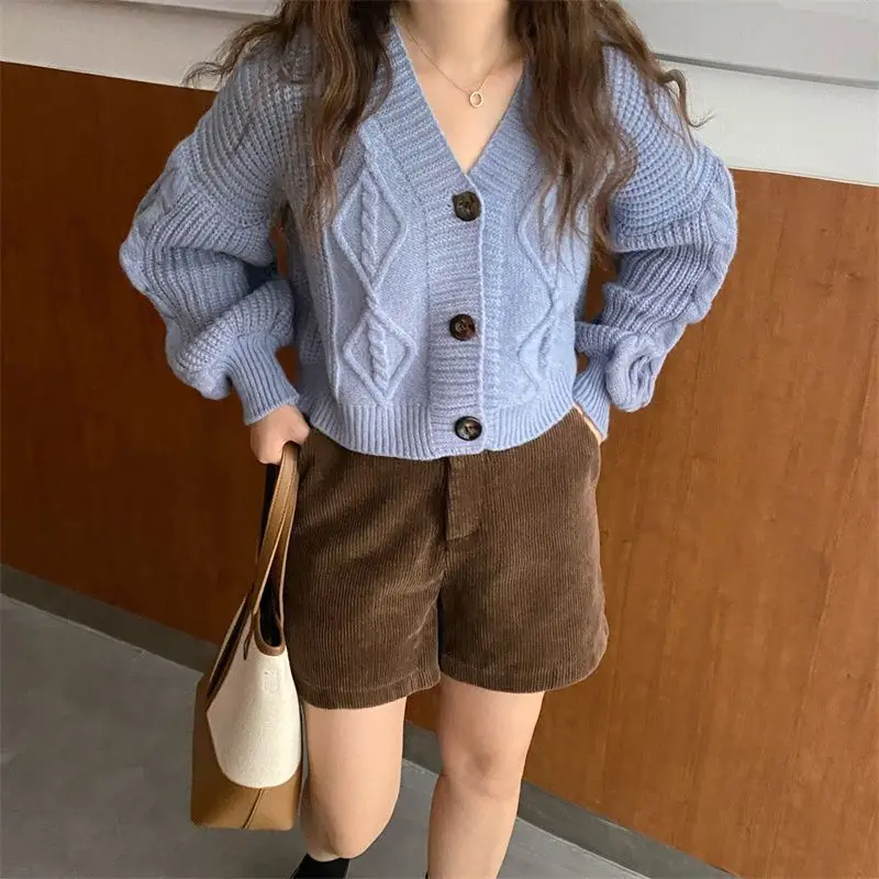 Rimocy V Neck Cropped Cardigan Women Long Sleeve Twist Knitted Sweater Coats Woman Korean Fashion Solid Color Button Up Cardigan