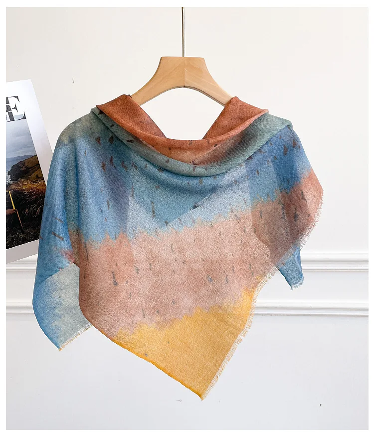 

100% Cashmere Neck Scarf for Women Spring Luxury Brand Gray Green Blue Gradient Shawl Wrap Pure Cashmere Neck Scarf