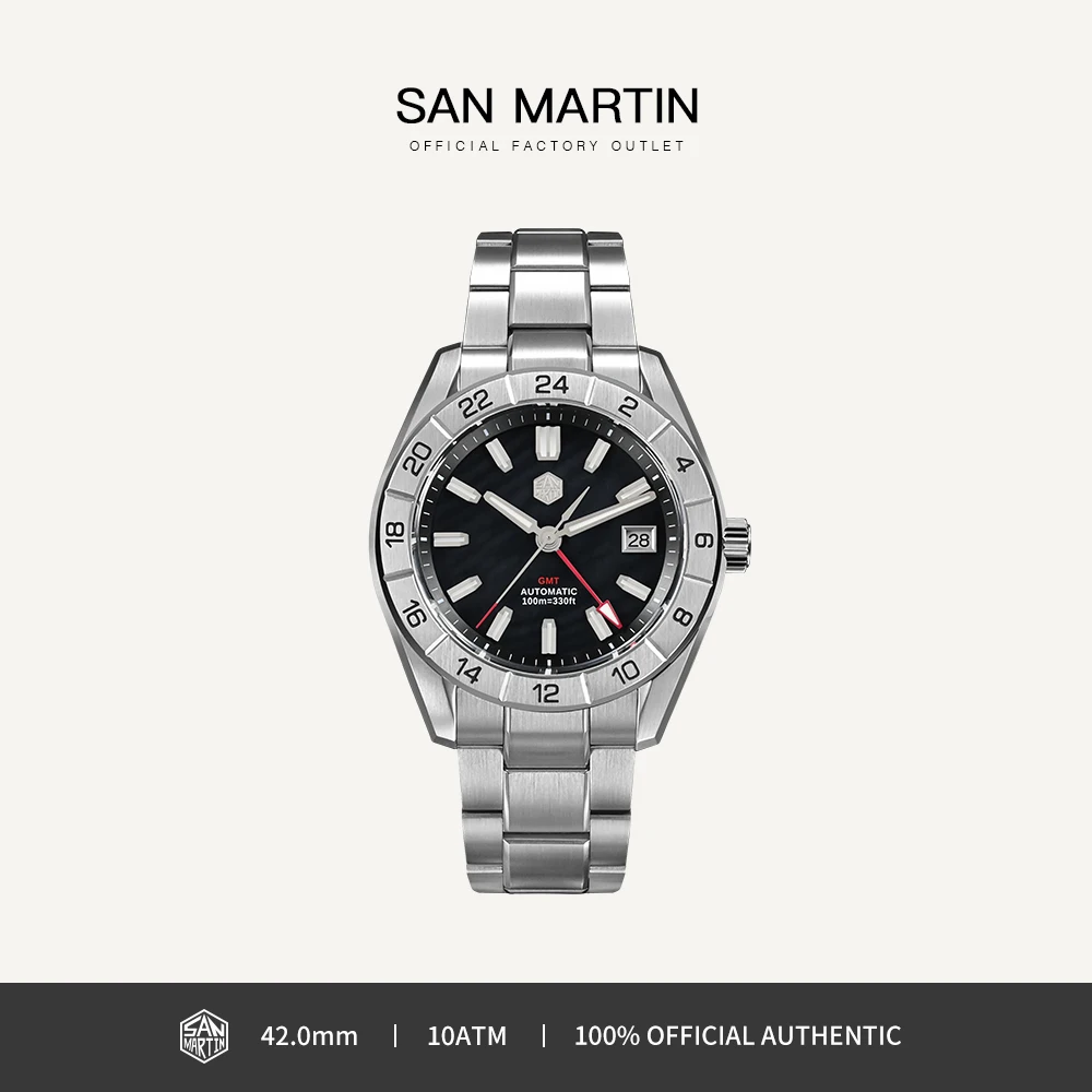 

San Martin 42mm Luxury Stainless Steel Chinese Men Watch NH34 GMT Automatic Mechanical Watches MOP Dial Waterproof 10Bar SN0130