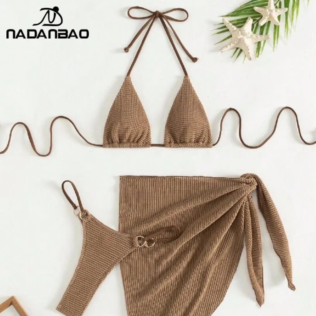 Nadanbao Set bikini marrone sexy moda bikini a triangolo halter 3 pezzi tinta unita scollo a V costume da bagno casual da spiaggia abbigliamento da donna