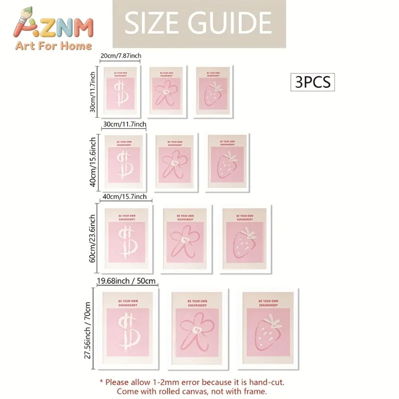 Unframed 3PCS Pink Dollar Flower Strawberry Canvas Wall Art Be Your Own Sugardaddy Trendy Text Print Poster Home Bedroom Decor