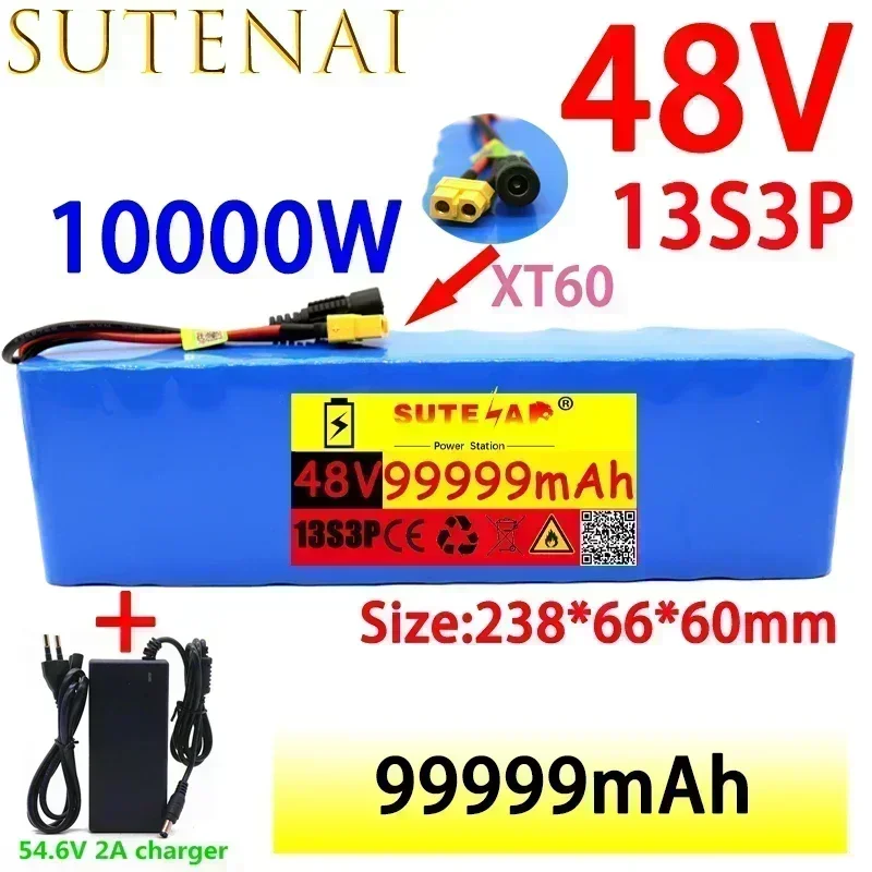 48v99ah 1000W 13s3p 48V แบตเตอรี่ลิเธียมไอออนปลั๊ก XT60 สําหรับ 54.6V ไฟฟ้าจักรยานและสกู๊ตเตอร์ เครื่องยนต์พร้อมเครื่องชาร์จ BMS+54.6v