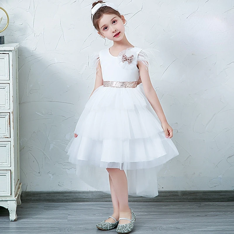 

Tiered Layers Tulle Dress Girl Gown Pearls Necklace V Back Design Flower Girl Wedding Clothes for Children Casual