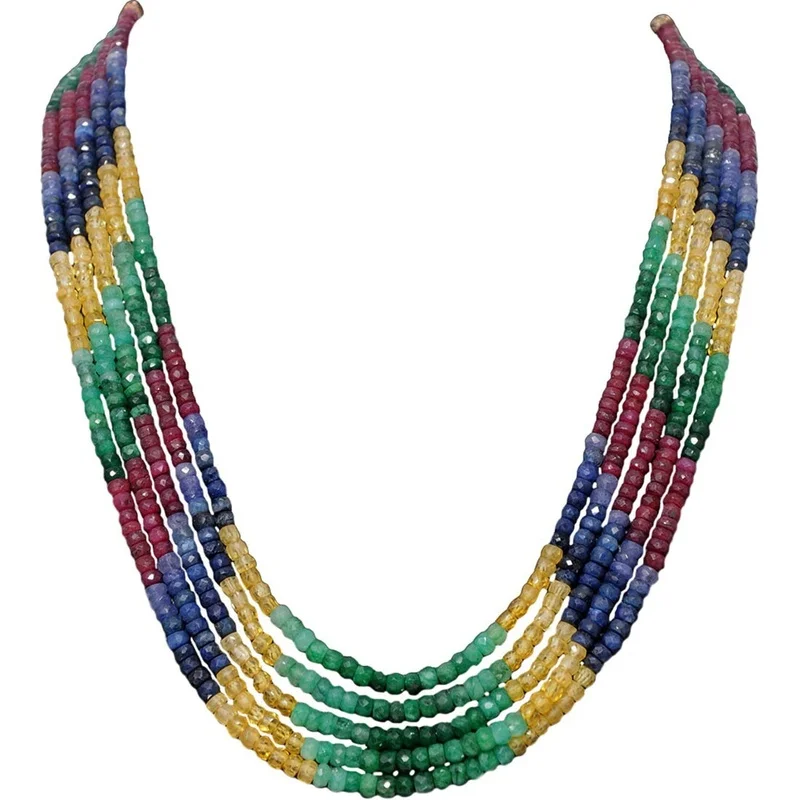 5 Lines 512.5 Cts Ruby Emerald Sapphire Precious Gemstone Bead Necklace MP-1004