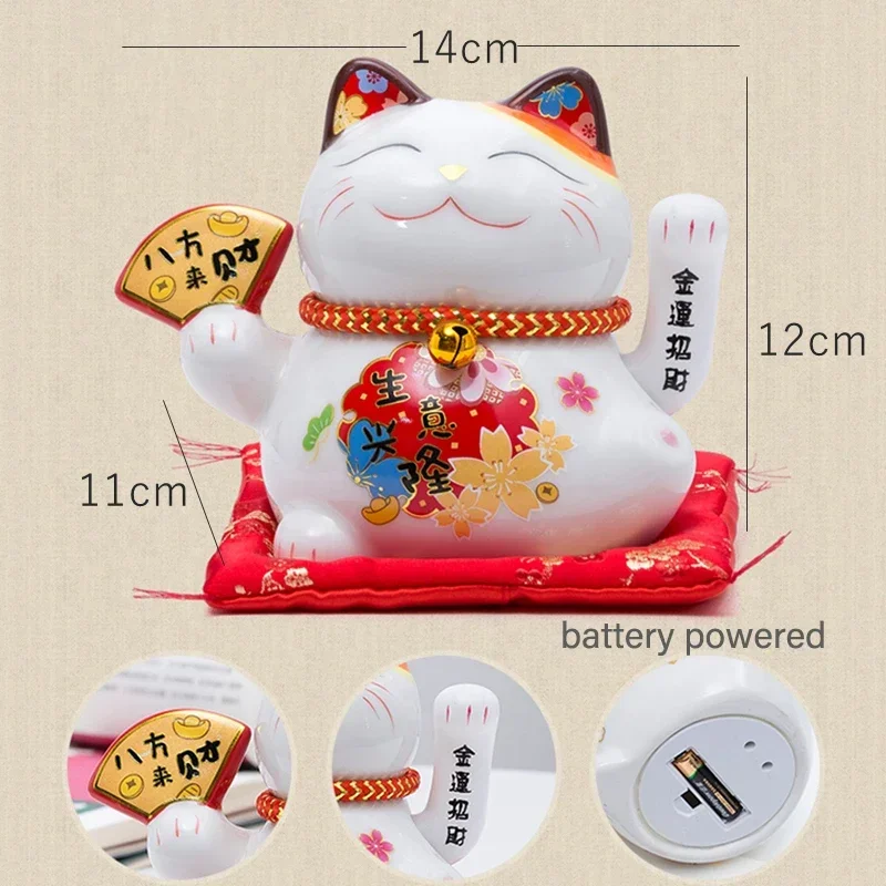 5 inch Maneki-neko Ceramic Fortune Cat Waving Hand Lucky Cat Plutus Cat Battery Powered Feng Shui