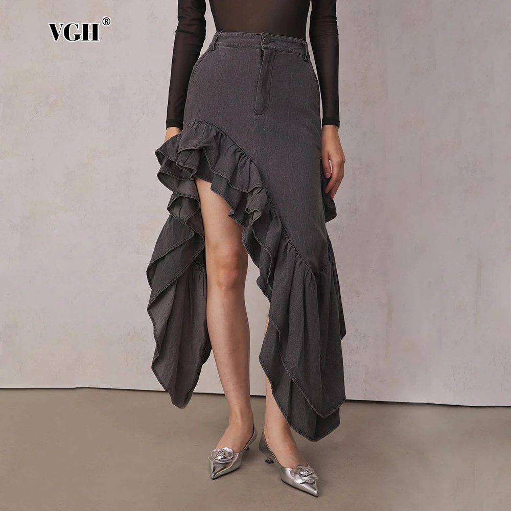 

VGH Streetwear Spliced Ruffles Casual Denim Skirts For Women High Waist Patchwork Pockets Solid Irregular Hem Skirt Female New