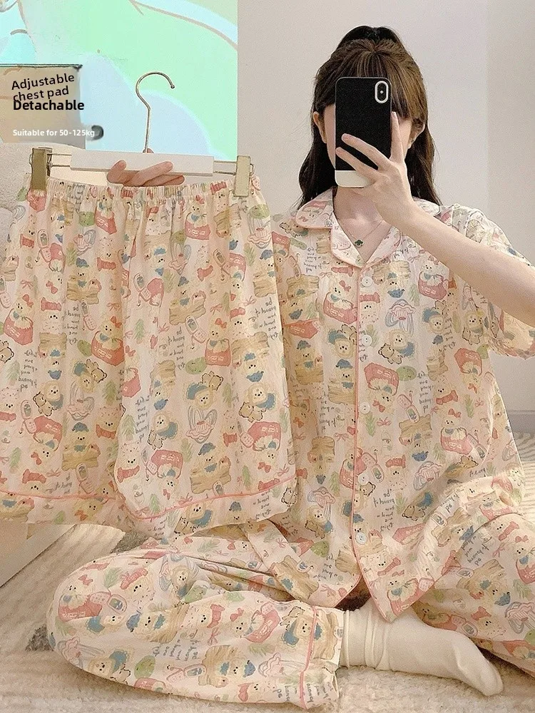 

plus Size Sleepwear Women's Summer Short Sleeve Three Piece Set Thin Home Clothes Can Be Worn outside with Chest Pad Large 20...