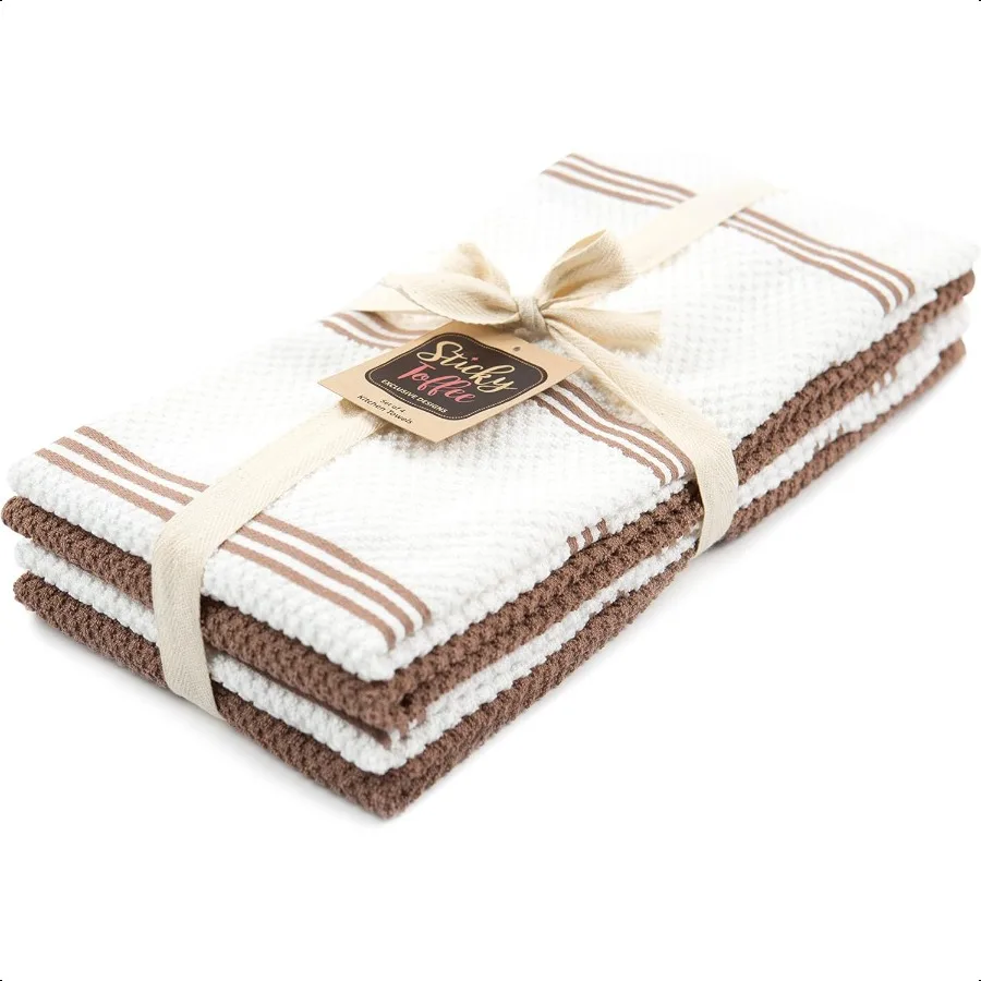 

Cotton Kitchen Towels Set of 4 Brown and White Hand Towels 28x16 in Reusable and Absorbent Tea Towels for Cleaning or Drying Oe