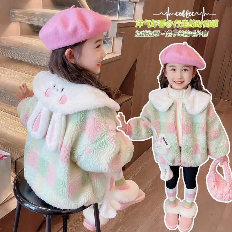 

Kawaii Girl Fashion Thicken Lapel Tops Student Winter Cartoon Casual Keep Warm Fur Collar Coat Jacket Children's Clothing New