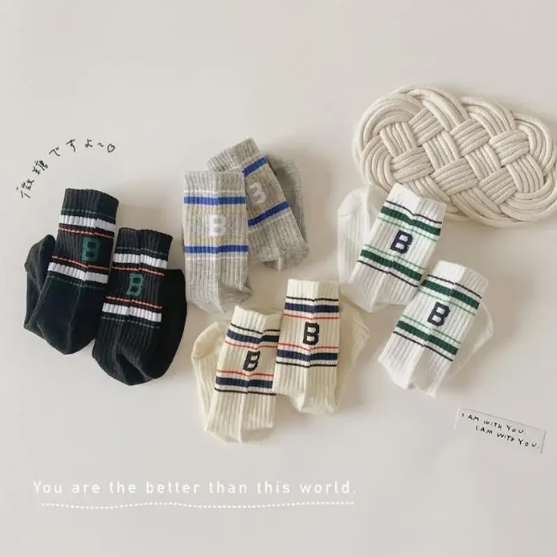 Korean Fashion Simplicity Calf Socks for Boys Four Season Cotton Letter B Sports Socks