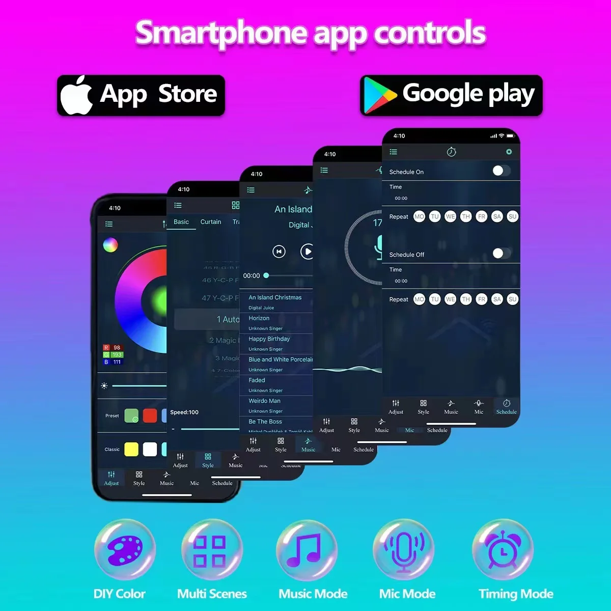 شريط إضاءة LED RGB ذو لون سحري للموسيقى يتم التحكم فيه بالصوت، ضوء جو لتزيين مهرجان المياه المتدفقة #3