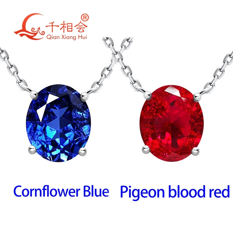 

925 Silver 10x12mm 6ct Oval Lab Grown Pigeon Blood Red Ruby/Cornflower Blue sapphire Four Prong Solitaire Pendant Necklace