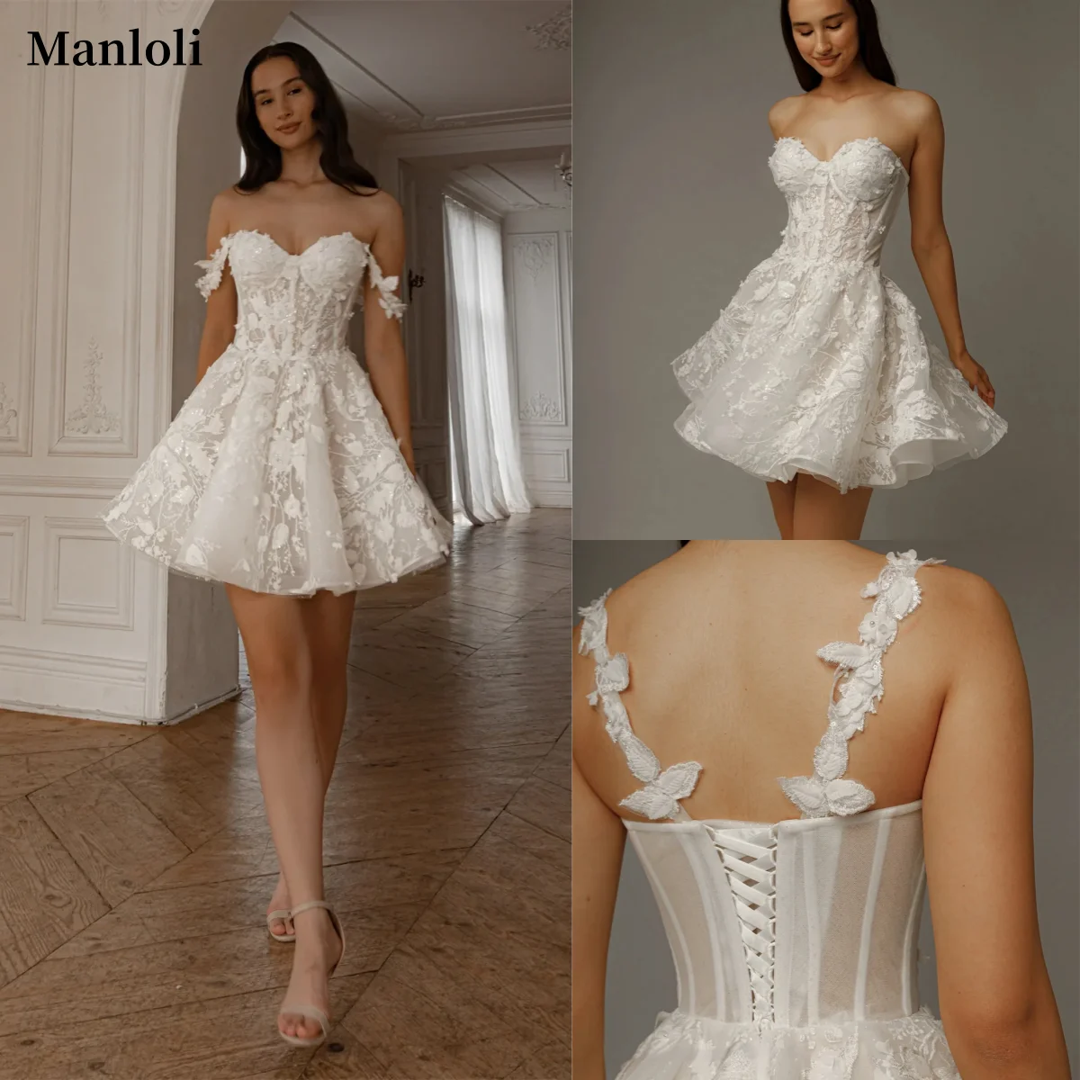 Beautiful Sweetheart Short Wedding Dress Off Shoulder 3D Flower Lace Short/Mini A-line Wedding Dress Customization