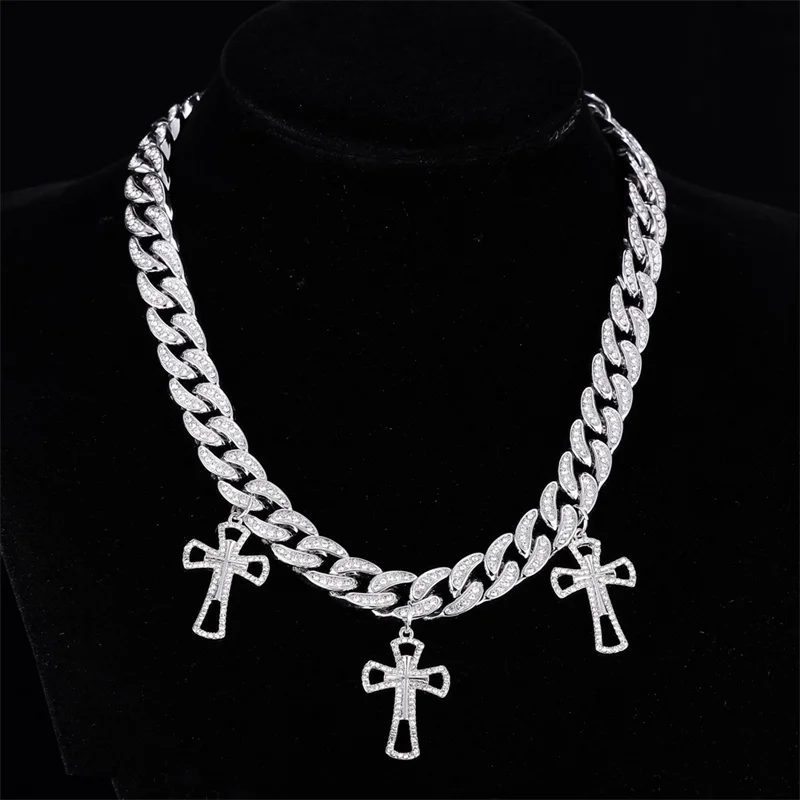 Hip Hop Bling 13MM Cross Pendant Miami Cuban Chain Necklace Iced Out Zircon Paved Necklaces For Men Women Jewelry