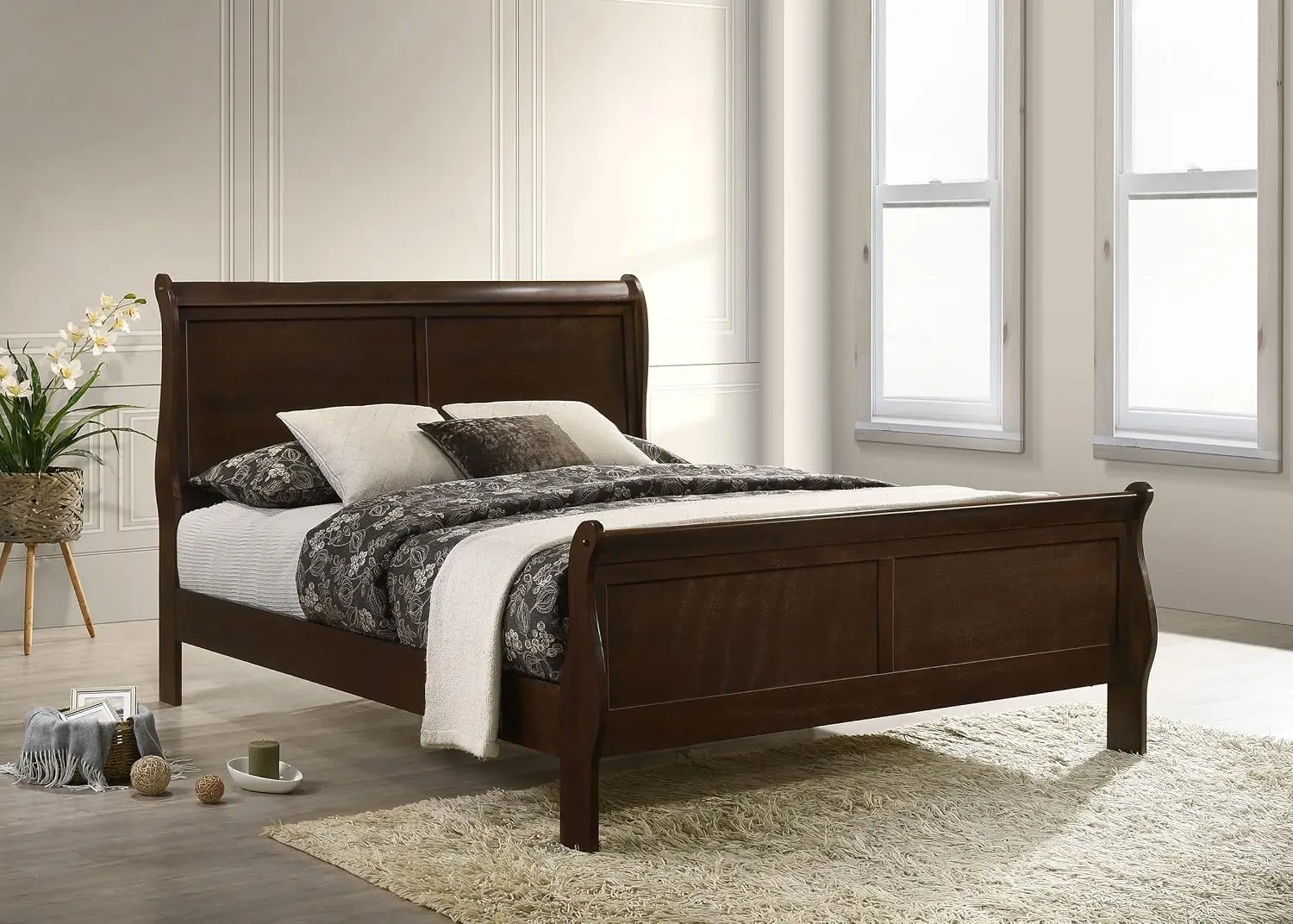 Queen Sleigh Bed Wood Curved Details Slim Legs Traditional Style Geometric Form Bedroom Cappuccino, Customized