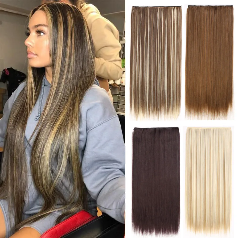 Hairpiece 5-Clips One Piece Clip-In Hair Extension Long Straight Hair Voluminous Natural Soft Synthetic Hair for Women Daily Use