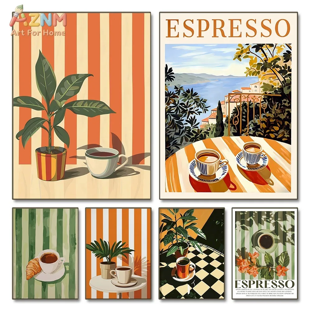 AZNM - Póster decorativo para pared, sin marco, con ilustración de café expreso retro, croissant y plantas, para decoración del hogar o cafetería