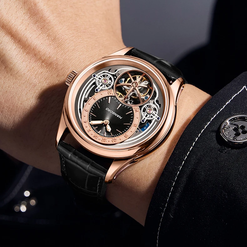 한보로 남성용 오토매틱 시계 41mm 기계식 손목시계 5Bar 방수 사파이어 야광 스켈레톤 플라이휠 다이얼