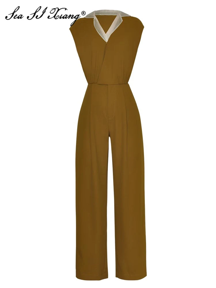 

Seasixiang Fashion Designer Summer Jumpsuit Women's Turn-down Collar Sleeveless Pockets Office Lady Wide leg pants