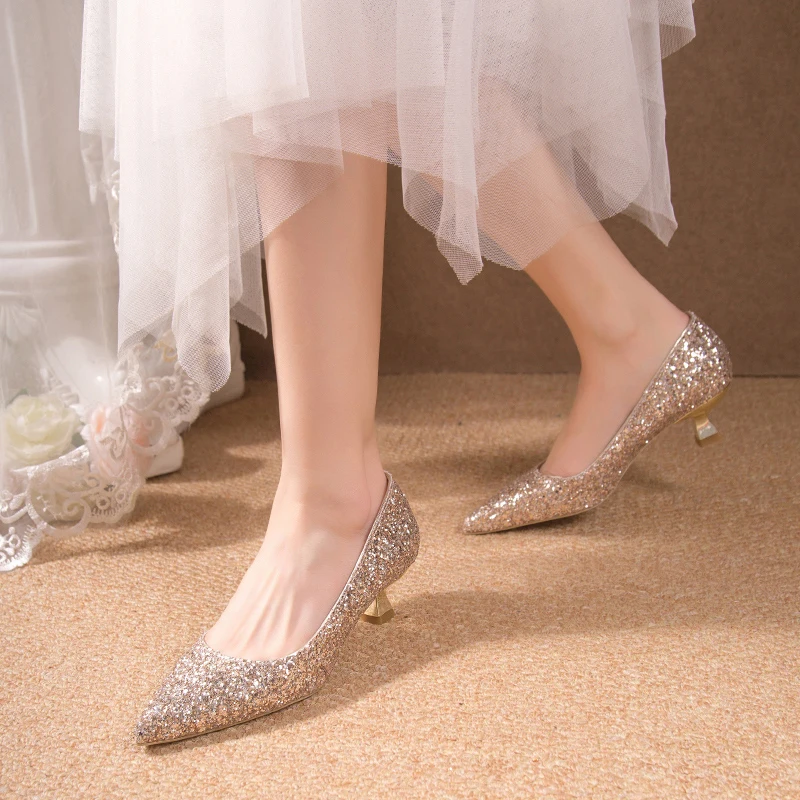 Bling Med Heels Pumps Women Gold Silver Thin Heels Wedding Party Shoes Woman Pointed Toe Slip-On Shiny Bridal Shoes Plus Size 42