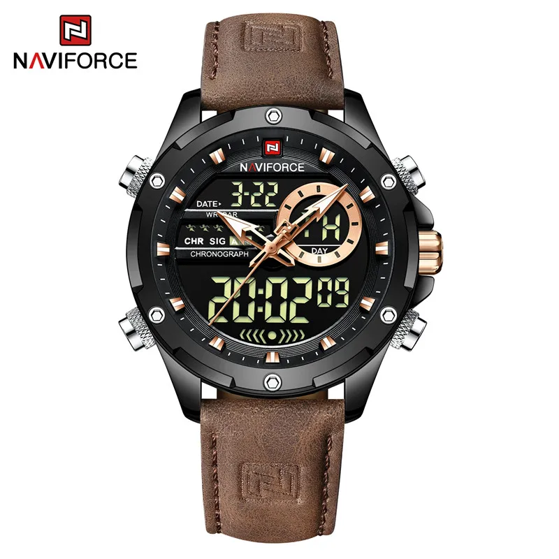 

NAVIFORCE Top Brand Mens Watches Luxury Leather Strap Wristwatches Waterproof Digital Calendar Male Clock Relogio Masculino