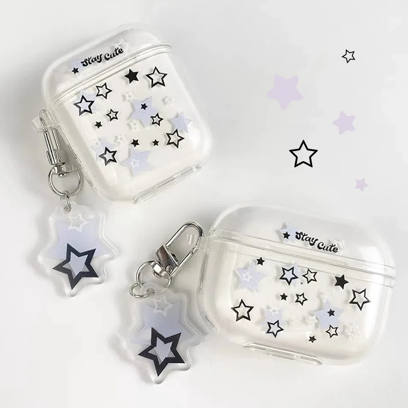 

Korea Ins Transparent Star AirPods 1 2 Pro Case With Keychains Charms Cute Fashion Punk Girl for Apple AirPods 3 Pro Vintage Y2k