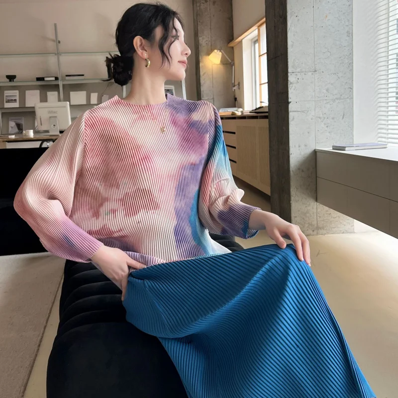 

Miyake Pleated Batwing Sleeve Top| Autumn Spring New High-End Printed Casual Fashion Top [3239]