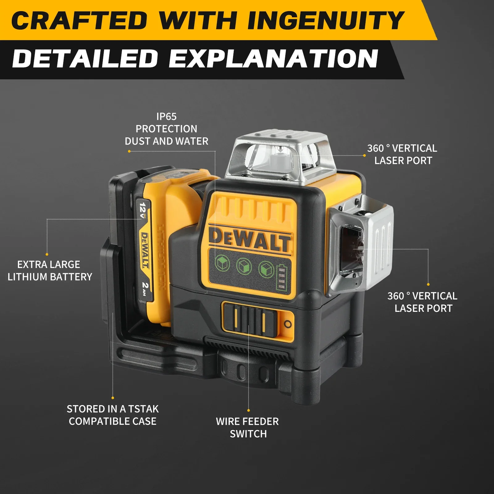 DEWALT DW089LG مستوى الليزر 12 خط 3 جوانب 360 درجة شعاع أخضر عمودي مع بطارية ليثيوم 12 فولت تسوية أفقية خارجية