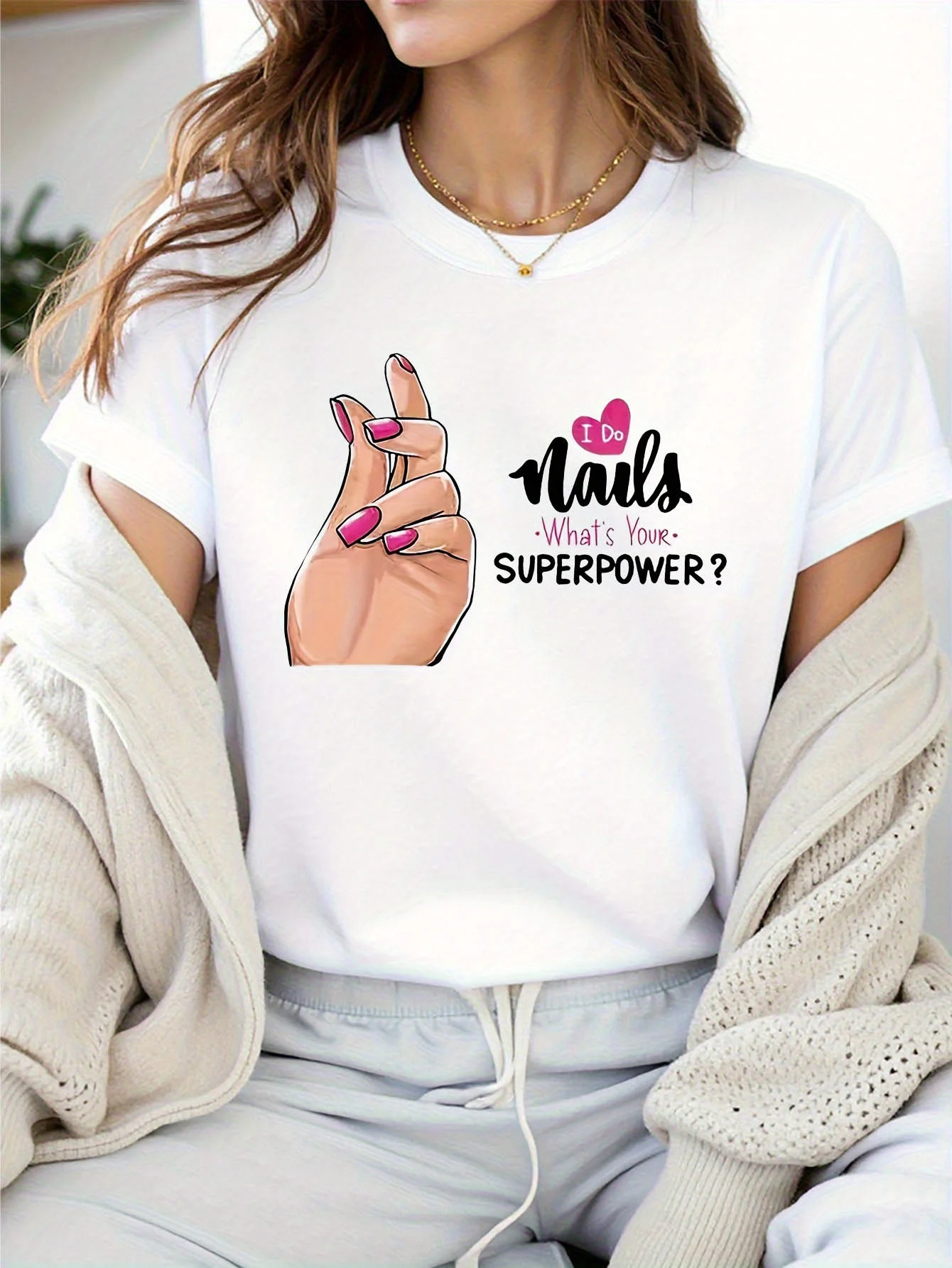 Nail Tech I Do Nails Superpower Graphic Tee for Women Short Sleeve Round Neck Blouses Casual Spring Summer Everyday Festive Wear