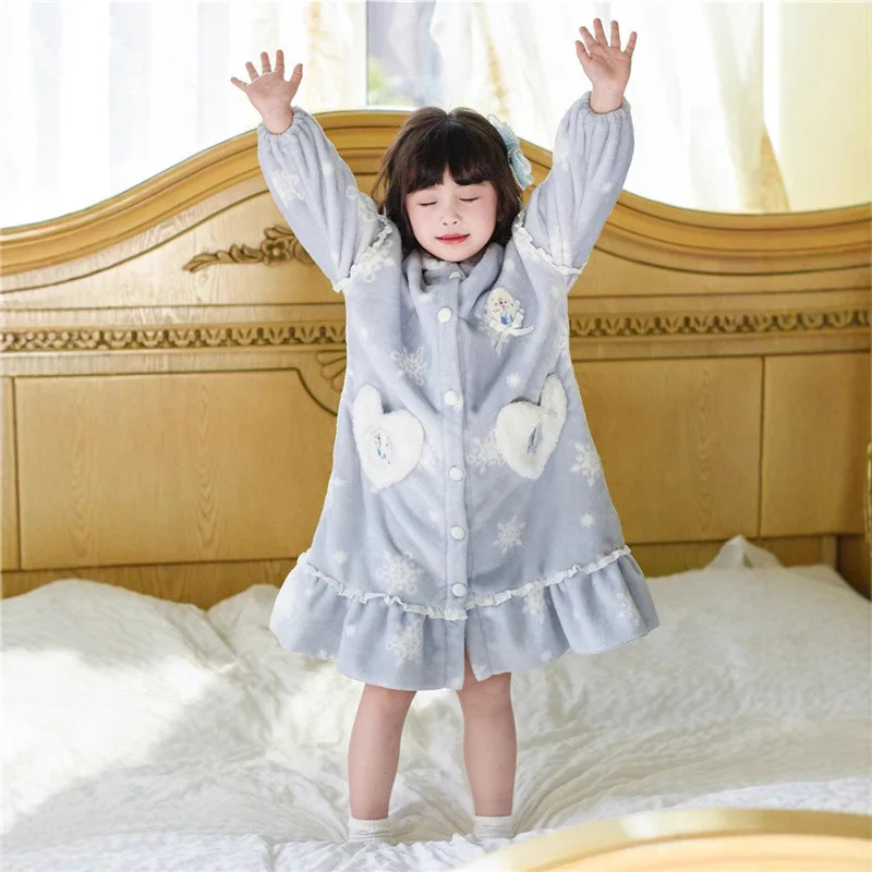 طقم ثوب نوم إلسا من الفلانيل، ملابس نوم الأميرة من الصوف المرجاني للفتيات والأطفال الصغار ملابس شتوية #4