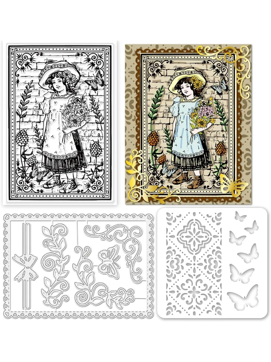 3Pcs Victoria Retro Background Theme Silicone Clear Stamps Metal Vintage Lace Corner Cutting Die Cuts Pet Craft Stencils