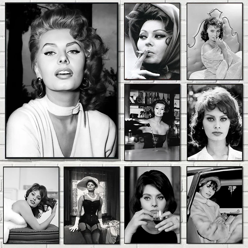 Modern Fashion Female Star Sophia Loren Sexy Beautiful Black White Portrait Poster Canvas Paintings Wall Art Pictures Home Decor