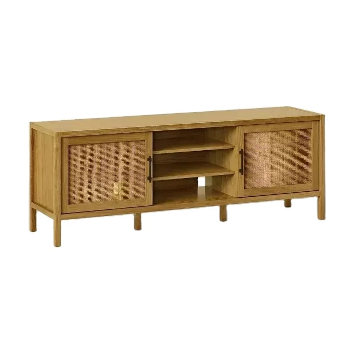 Living Room Rattan Furniture Wicker Wood Console TV Unit Table, Modern Rattan Tv Cabinet Stand With Solid Wood Leg