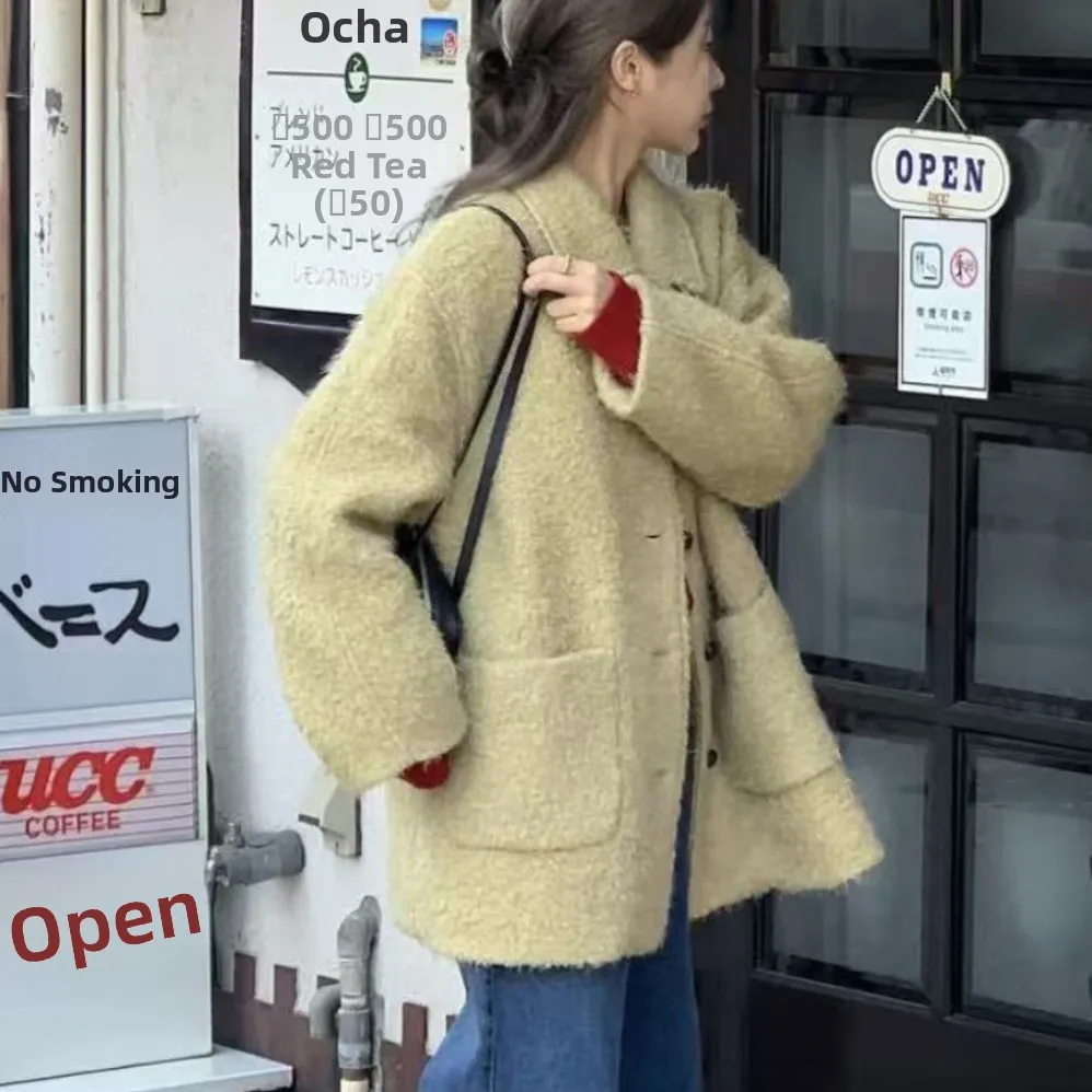 

Женское шикарное корейское шерстяное пальто, винтажное нежное пальто с лацканами и пуговицами, однорядная теплая зимняя верхняя одежда на пуговицах