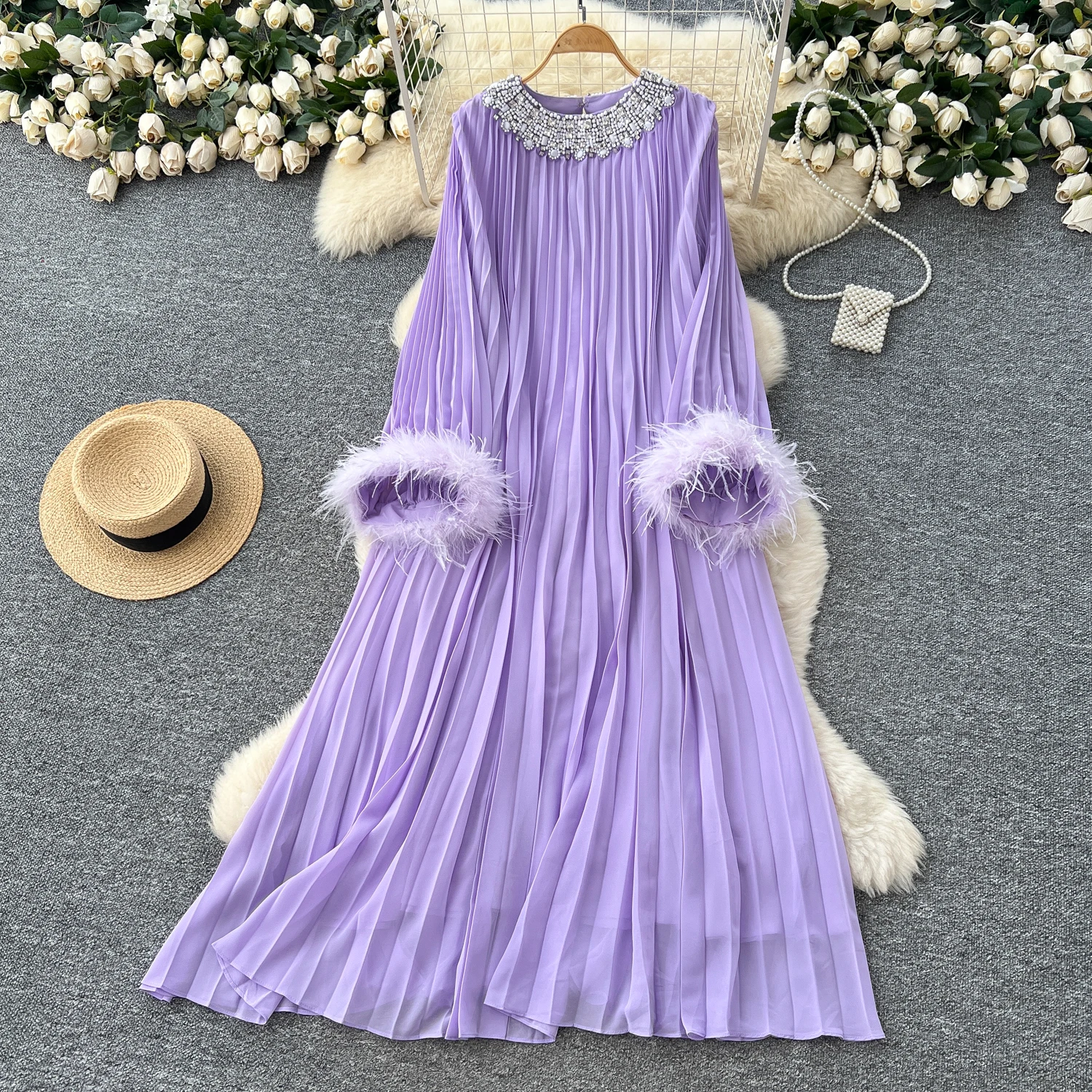 Chic vintage long sleeve rhinestone O-neck mesh Elegant Fairy korean fashion Boho women clothing dress
