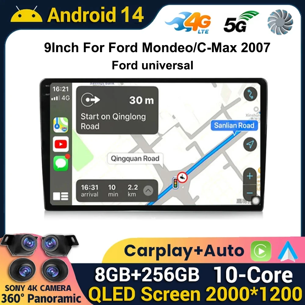 

9-дюймовый автомобильный радиоприемник Android 14 для Ford Mondeo/C-Max Ford universal 2007, подключение Авторадио, мультимедийная Беспроводная навигация Carplay