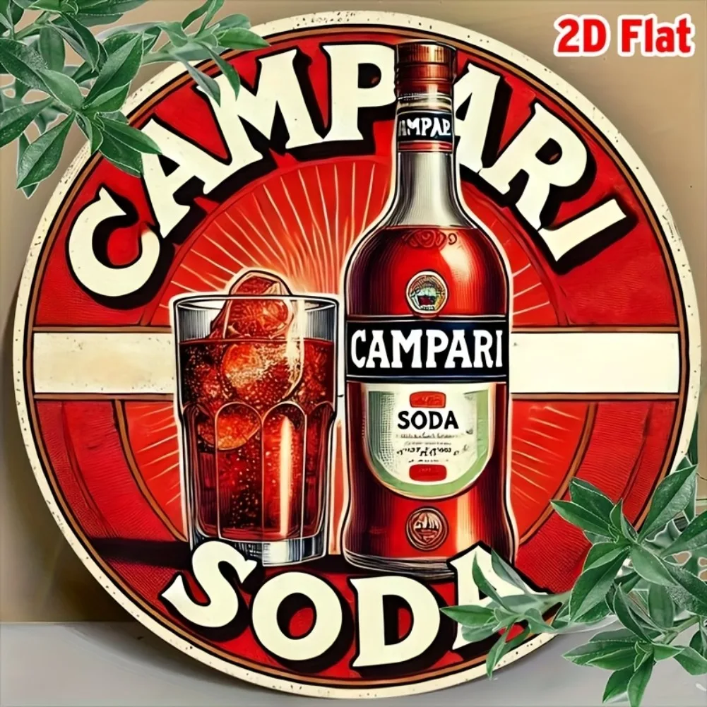 2D plano, 2D PLANO 1 pieza, redondo 20x20cm(8x8 pulgadas) Vintage Campari Soda cartel de estaño decoración de pared papel de aluminio grabado cartel de Metal
