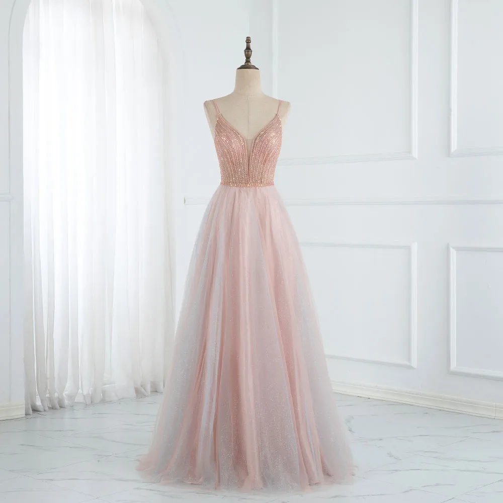 

YQLNNE Sweet Pink Long Prom Dresses Spaghetti Tulle Beading Formal Aline Evening Party Gown