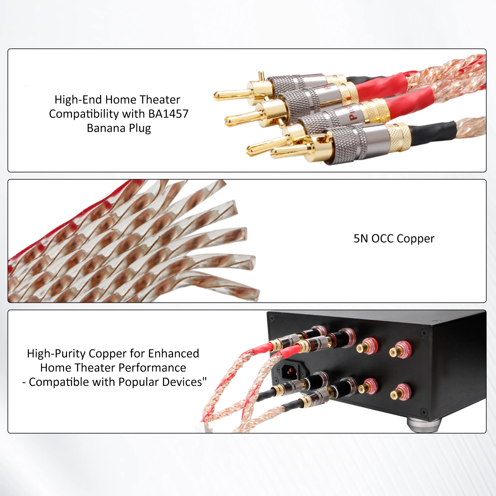 Preffair Pair HiFi Speaker Audio Cables High-end OCC Square Flat Belt Speaker Cables with Gold Plated Banana Plug for Amplifiers