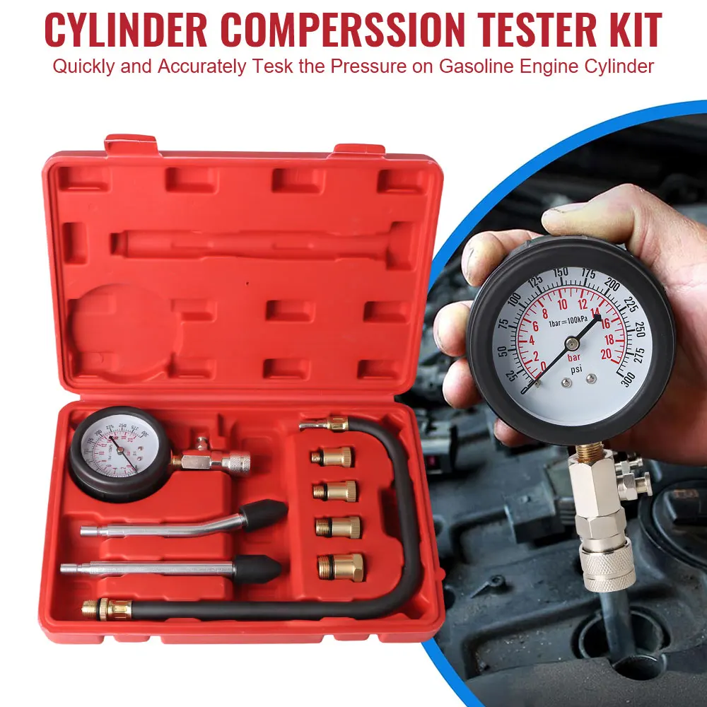 

0-300 PSI Automotive Cylinder Tester Kit Pressure Gauge Gasoline Engine Compression Meter with M10 M12 M14 M18 Adapter
