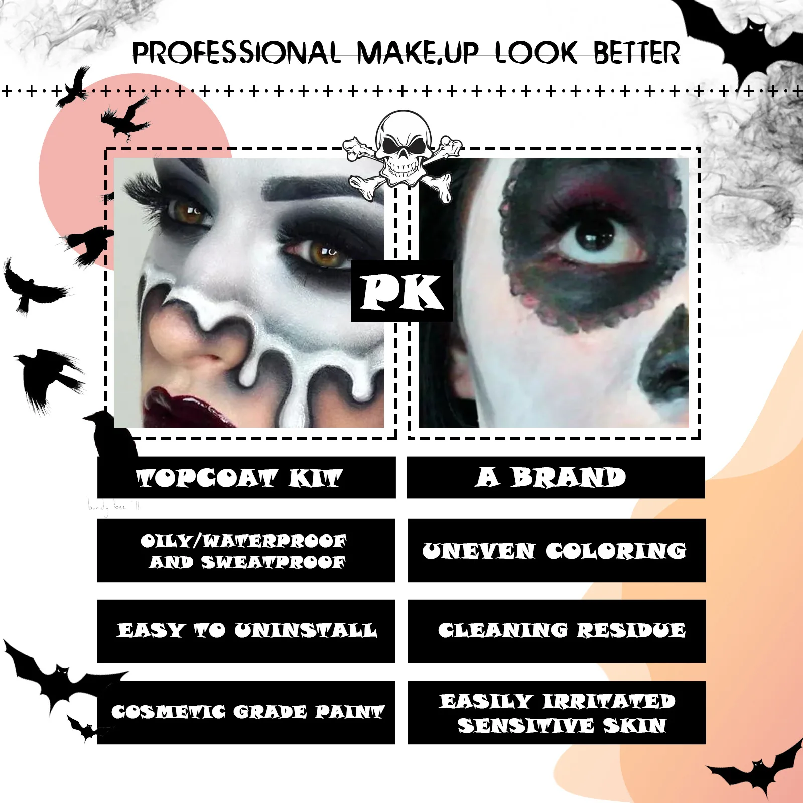 Conjunto de pintura corporal para o Halloween, esqueleto zumbi vampiro, maquiagem facial, preto e branco