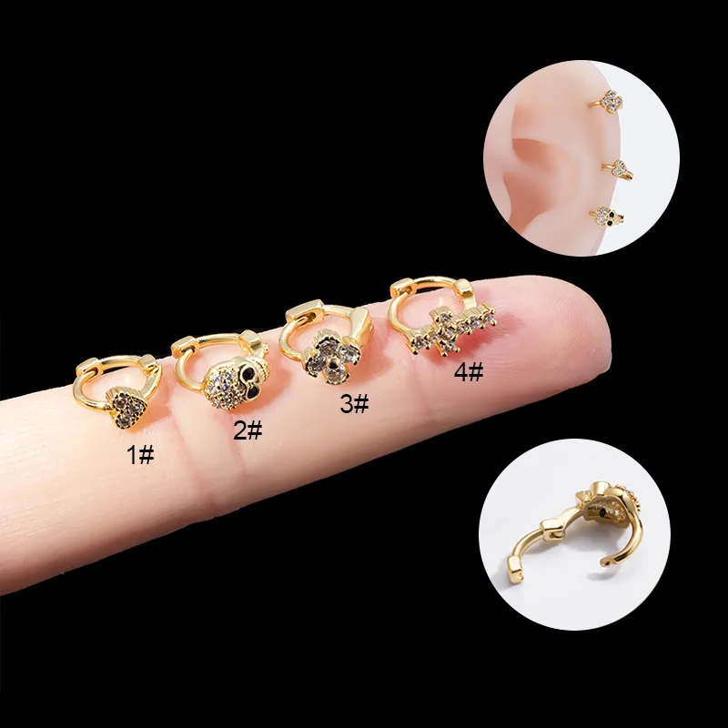 크로스 스켈레톤 작은 허기 귀걸이 여성을 위한 피어싱 쥬얼리, 하트 플라워 지르콘 귀 클립 헬릭스 연골 후프 귀걸이, 1 개