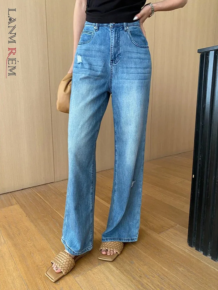 

[LANMREM] Washed Jeans For Women High Waist Straight Office Lady Loose Denim Pants Fashion Trousers 2024 Autumn New 26D9718