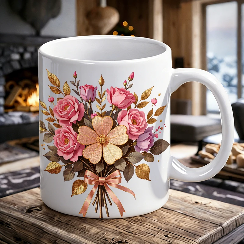 

Romantic rose bouquet ceramic mug, coffee cup, milk cup, office tea cup, drinking cup, fade-resistant, gift for friends