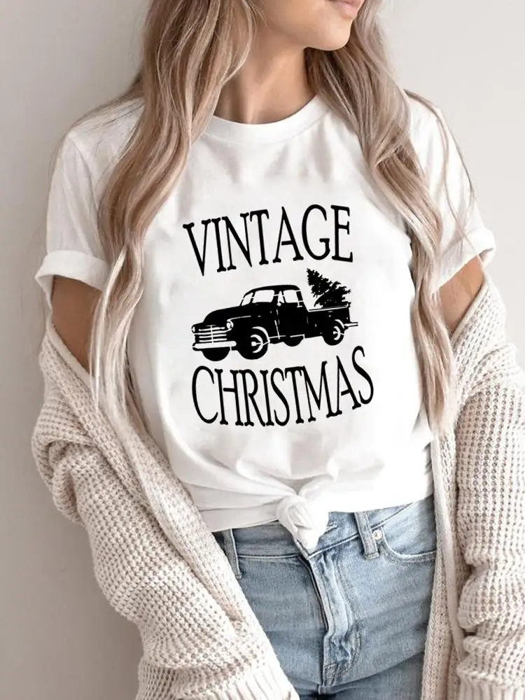 Merry Christmas Women Holiday Shirt Clothing Fashion 2025Truck Style Tree Happy New Year T-shirts Print T Top Graphic Tee