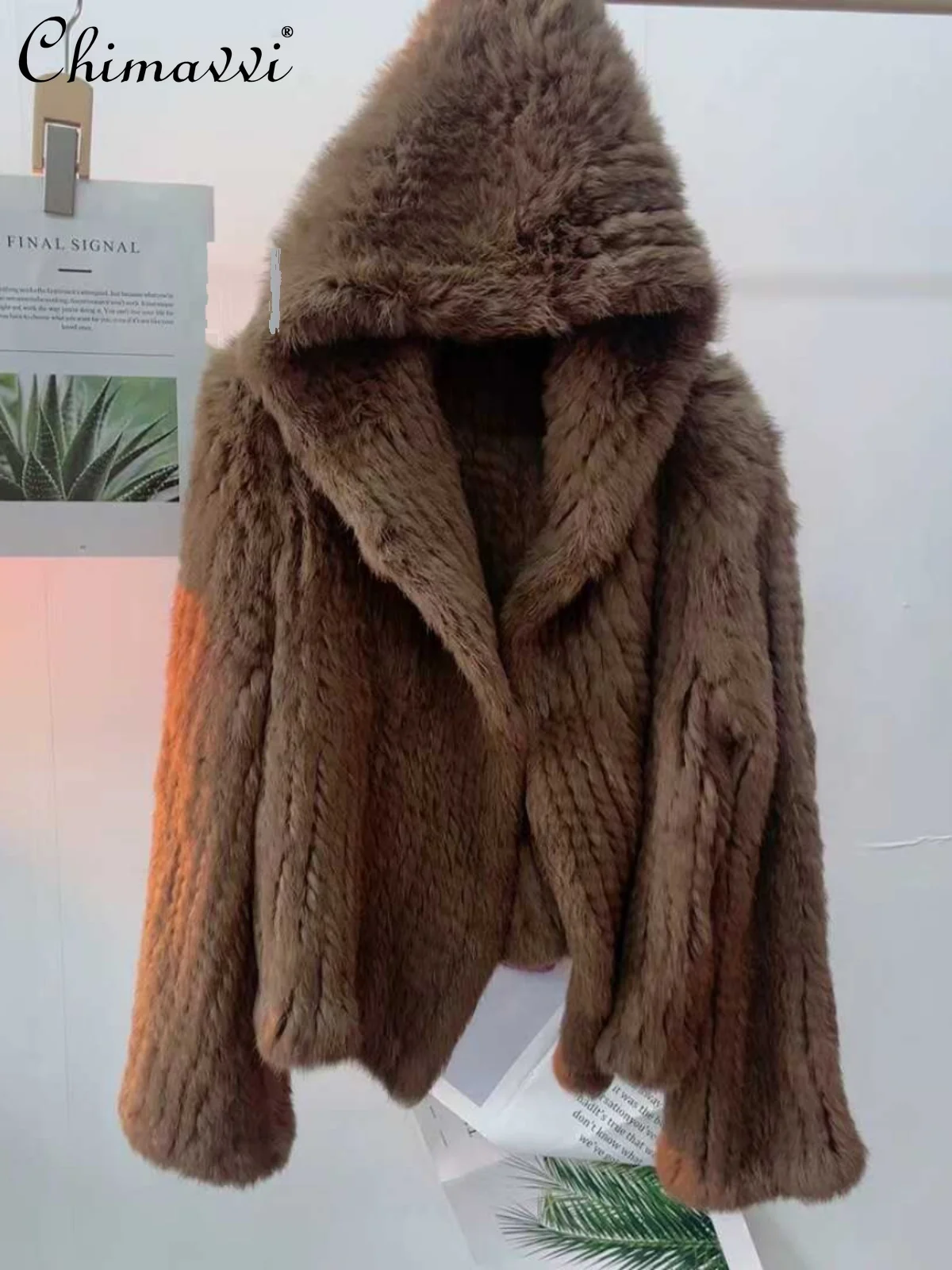 

2025 Winter New High-End Fashion Rabbit Fur Double-Sided Dense Woven Fur Coat Loose Long Sleeve Elegant Women's Hooded Coat