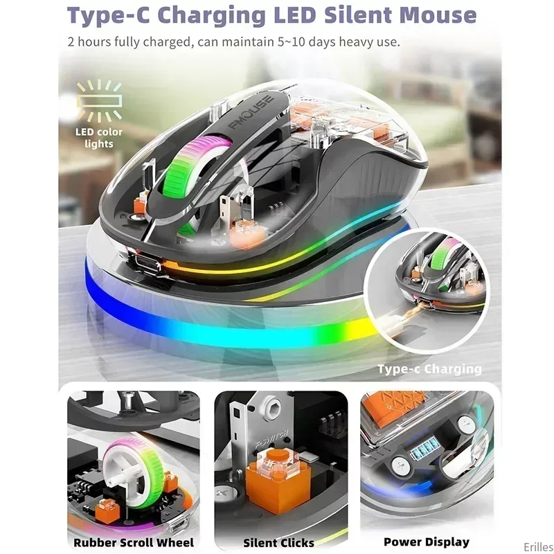 New Style Fully Transparent Mouse Bluetooth Wireless Tri-mode Mute Led Lamp Type-c Mice 2400dpi Intelligence Office Gift