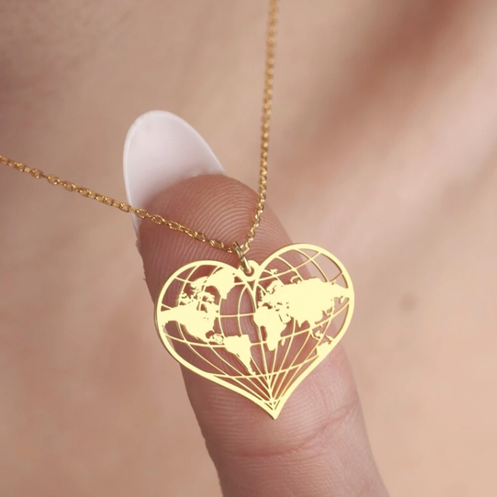 Heart shaped World Map Necklace World Map Pendant Heart shaped Globe Jewelry Traveler Gift Global Traveler Necklace