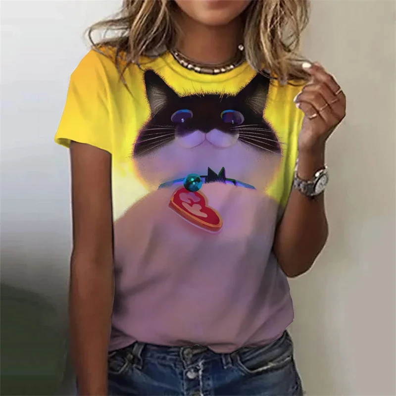 

Novelty Women's Kawaii Cat 3D Print T-shirt Y2k Tops Female Trend Harajuku Clothing Girls Casual Fashion Short Sleeve T Shirts